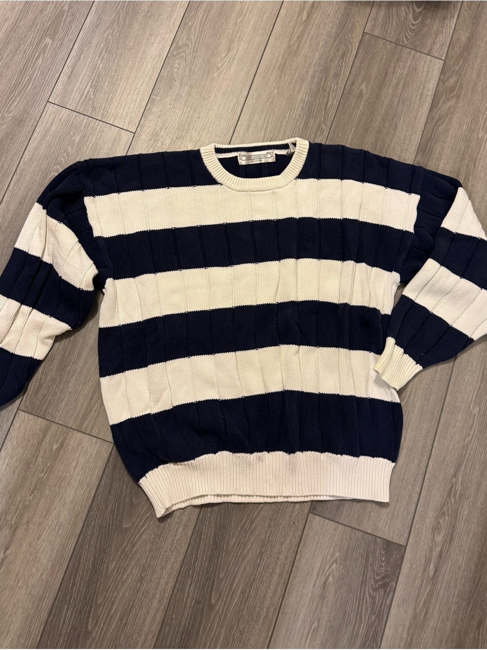 John Ashford Navy and Cream Wide-Stripe Crewneck Sweater